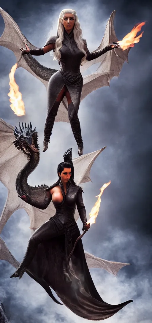 Image similar to full-body photograph of Kim Kardashian as Daenerys Targaryen riding a dragon blowing a flame, dracarus, majestic lighting, XF IQ4, 150MP, 50mm, F1.4, ISO 200, 1/160s, natural light