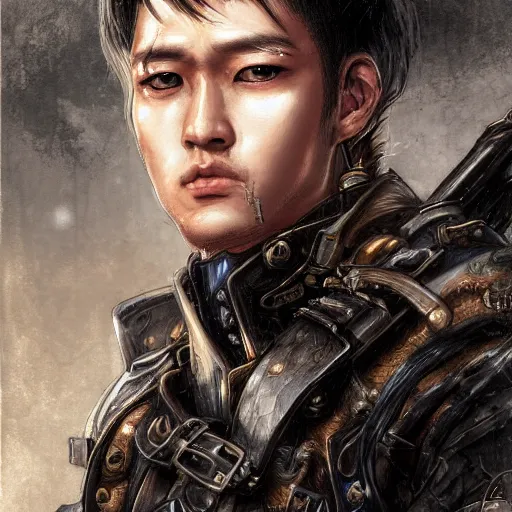 Image similar to portrait of a man by ayami kojima, japanese, he is about 2 0 years old, black short hair with bangs, he is wearing a steampunk tactical gear, highly detailed portrait, digital painting, artstation, concept art, smooth, sharp foccus ilustration, artstation hq