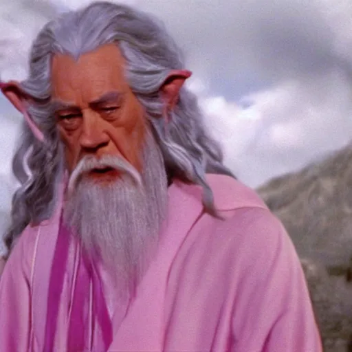 Prompt: gandalf wearing pink robes and a hello kitty hair clip, movie still from the lord of the rings