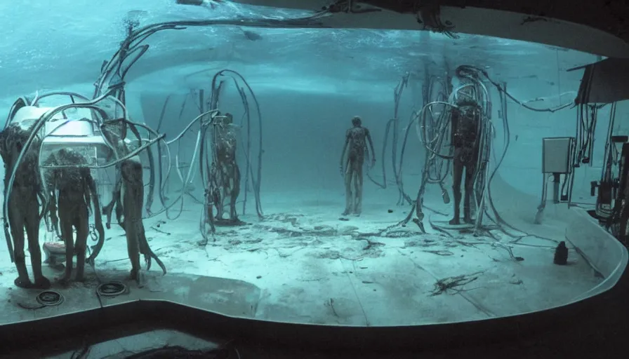 Prompt: Big budget horror movie set in an undersea biolab run by cyborgs, where a giant squid is injected with radioactive serum