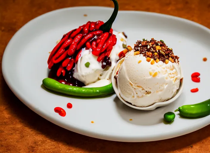 Image similar to dslr food photograph of ice cream sundae with baked bean and sliced jalapeno topping, 8 5 mm f 1. 8