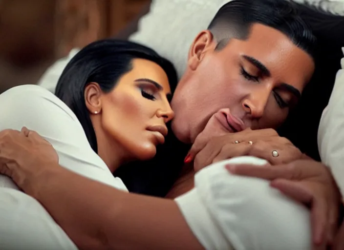 Image similar to film still of kim kardashian being kissed to sleep by joe biden, 8 k