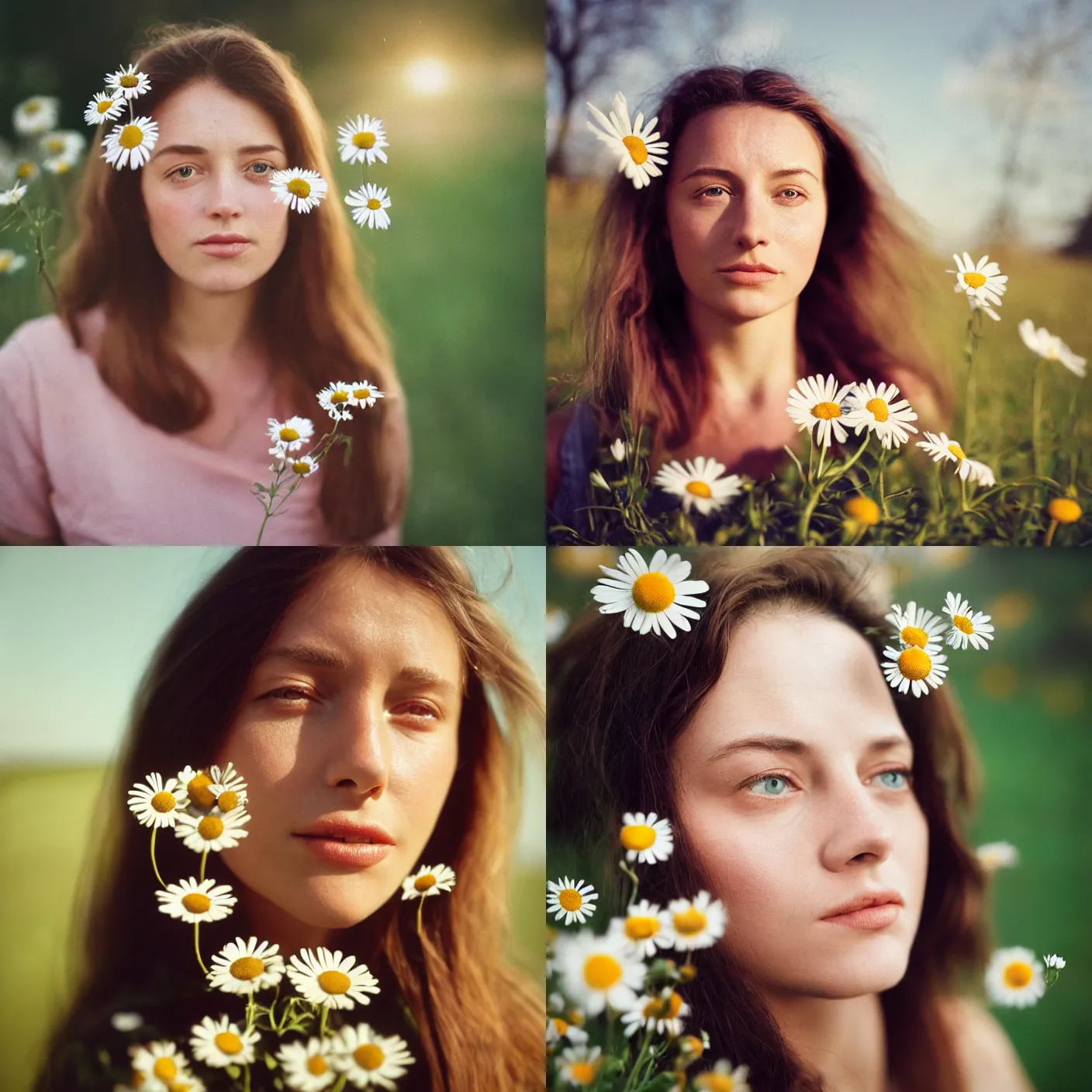 Prompt: head and shoulder frontal face portrait analog photography of a woman with daisies over the eyes by mark owen. kodak portra. ( depth of field ). whirl bokeh!!. golden hour. detailed. hq. realistic. warm light. muted colors. lens flare. mamiya 7 ii, f / 1. 2, symmetrical balance, in - frame