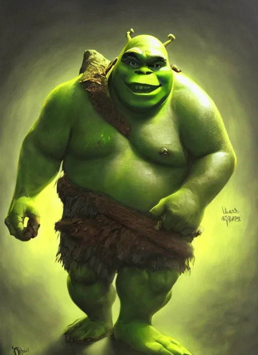 Image similar to dramatic oil painting of shrek as thrall from world of warcraft, artstation, shrek, epic, dramatic,