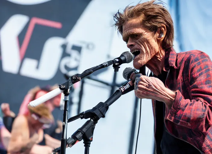 Image similar to photo still of willem dafoe on stage at vans warped tour!!!!!!!! at age 4 0 years old 4 0 years of age!!!!!!! singing into a mic, 8 k, 8 5 mm f 1. 8, studio lighting, rim light, right side key light