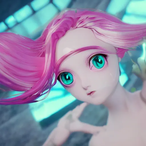 Prompt: stunningly beautiful omnipotent anime goddess with smooth porcelain skin, pink hair and mesmerizing cyan eyes, symmetrical, frog's perspective, unreal engine 5, 8 k