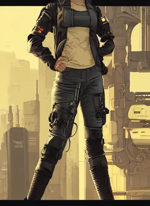 Image similar to Feminist Maria. Gorgeous female cyberpunk mechanic wearing a cyberpunk headset, military vest, and pilot jumpsuit. gorgeous face. Realistic Proportions. Concept art by James Gurney and Laurie Greasley. Moody Industrial skyline. ArtstationHQ. Creative character design for cyberpunk 2077.