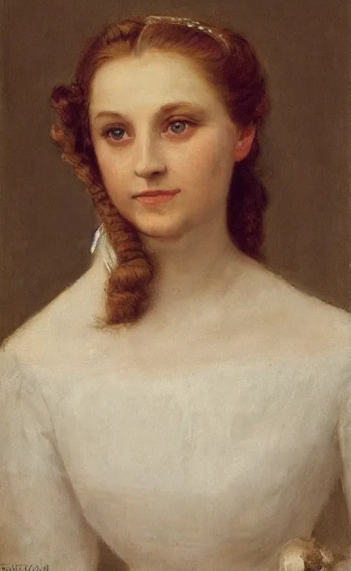 Image similar to portrait by eugen von blaas!!! of a woman!! with brown!! hair!! bun hair! slight smile! dreamy, lovely, bubbly