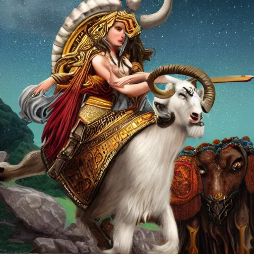 Image similar to a goddess riding a ram while checking her cell phone. fantasy art for the zodiac sign aries by senior concept artist josaphine wall, acrylic on canvas, intricately detailed, high resolution trending on artstation