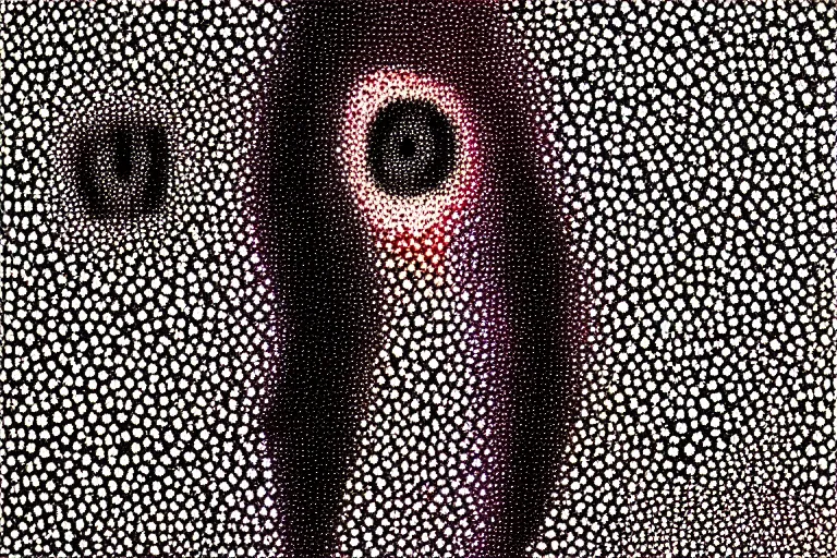 Image similar to face made out of planet, faceless people dark, dots, drip, stipple, pointillism, technical, abstract, minimal, style of francis bacon, asymmetry, pulled apart, cloak, hooded figure, made of dots, abstract, balaclava