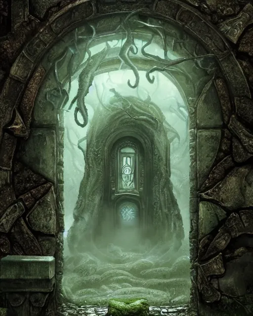 Prompt: highly detailed rendering of a lovecraft eldritch horror ghost realm portal doorway, with cthulhu with wings beckoning in the center, surrounded by swirling mists, portal is in the center of an old mossy cobblestone wall covered in ancient runes, greg rutkowski, photorealistic vivid 8 k resolution