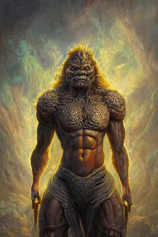 Image similar to ultra realist soft painting of a single Berserker, very intricate details, golden ratio, volumetric rainbow lighting, reflections, refractions, symmetry accurate anatomy features, fantasy background, unreal render, Boris Vallejo artstyle