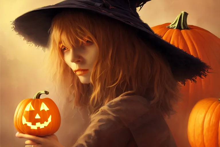 Image similar to portrait of a scarecrow with a jack - o - lantern head and a witch hat, halloween night, charlie bowater, artgerm, ilya kuvshinov, krenz cushart, ruan jia, realism, ultra detailed, 8 k resolution