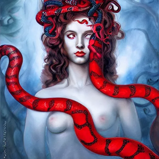 Image similar to realistic mythological greek medusa with red snakes on the head full body, by anna dittmann