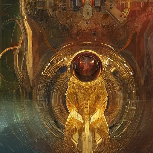Prompt: hyper realistic golden quantum computer the size of a city , art by artery and Greg Rutkowski and alphonse mucha, sci-fi, fantasy, intricate, ornate, very very intimidating , highly detailed, digital painting, artstation, concept art, smooth, sharp focus, illustration