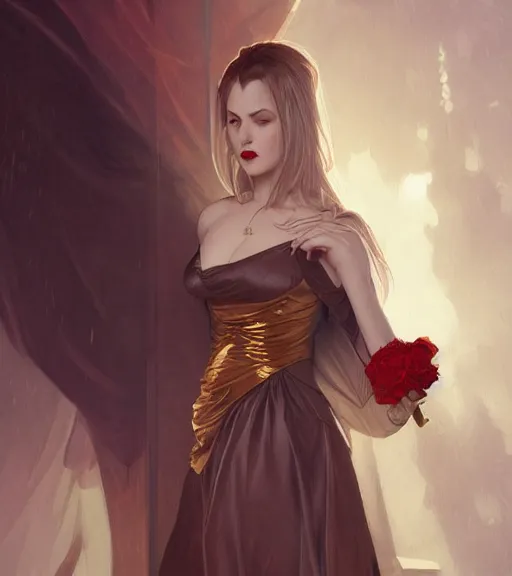 Prompt: a vampire girl wearing a golden dress, grey hair, red necktie, cinematic, stunning, highly detailed, digital painting, artstation, smooth, hard focus, full body shot, illustration, art by artgerm and greg rutkowski and alphonse mucha