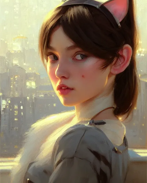 Image similar to a potrait of a girl with small cat ears, fine details. night setting. realistic shaded lighting poster by craig mullism, artgerm, jeremy lipkin and michael garmash, unreal engine, radiant light, detailed and intricate environment, digital art, trending on art station