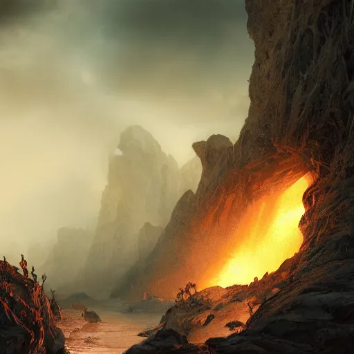 Prompt: gate to hell in the plains with red sky and meteors, volumetric lighting, 8 k octane beautifully detailed render, post - processing, extremely hyper - detailed, intricate, epic composition, cinematic lighting, masterpiece, trending on artstation, detailed detailed detailed, masterpiece, stunning art by anders zorn, wonderful masterpiece by greg rutkowski, beautiful cinematic light,