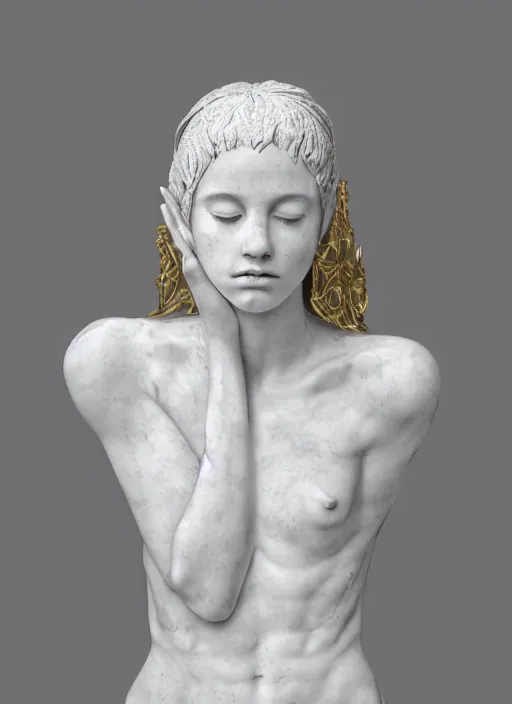 Image similar to a statue made of white marble with gold veins, of an beautiful gorgeous angel girl, full body shot, perfect symmetrical body, perfect symmetrical face, no eyes, hyper realistic, hyper detailed, fujicolor superia 1 6 0 0 photo, by johannen voss, by peter kemp, by monia merlo, by michelangelo octane render, blender, 8 k