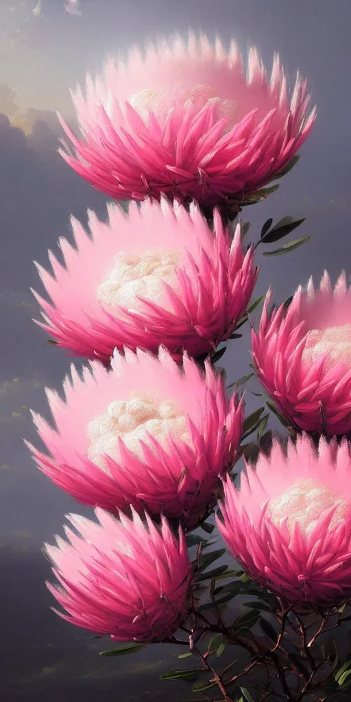 Prompt: detailed pink and white proteas against a black backdrop by ivan aivazovsky, detailed brush strokes, oil painting, artstation