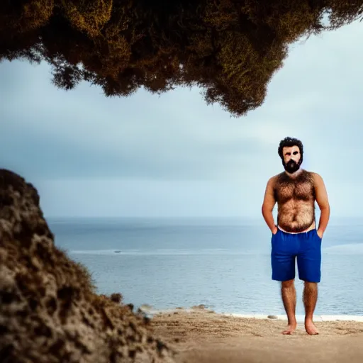 Image similar to real life photo of a Greek man, dark curly hair, full beard, blue watery eyes, full round face, short smile, serene coastal setting, cinematic lightning, medium shot, mid-shot, highly detailed, photorealistic, 80mm, 85mm, cinematic wallpaper