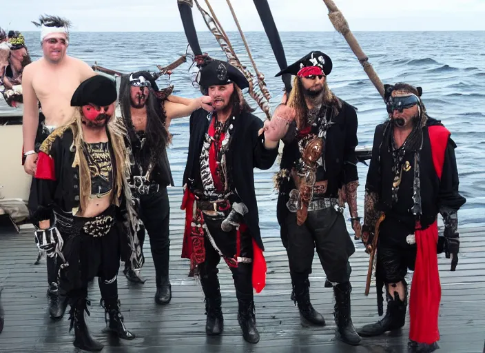 Image similar to Pirates on the open sea, dressed as punk rockers