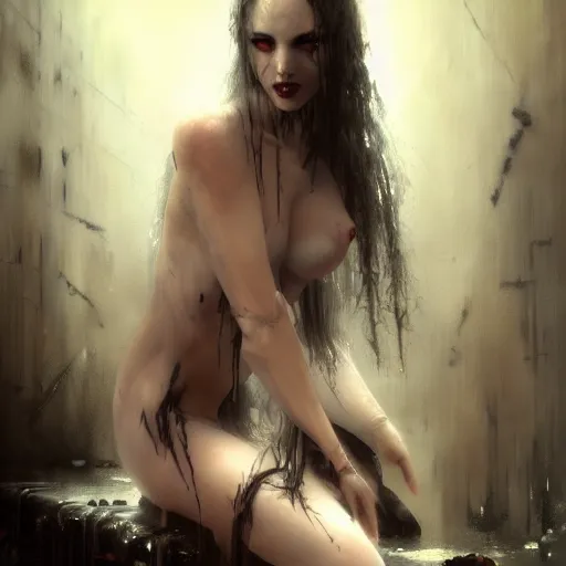 Image similar to photography of beautiful female vampire bathing a bathtub of blood, concept art by greg rutkowski and luis royo, dark and eloquent environment, highly detailed portrait, digital painting, artstation, concept art, smooth, sharp focus illustration, artstation hd