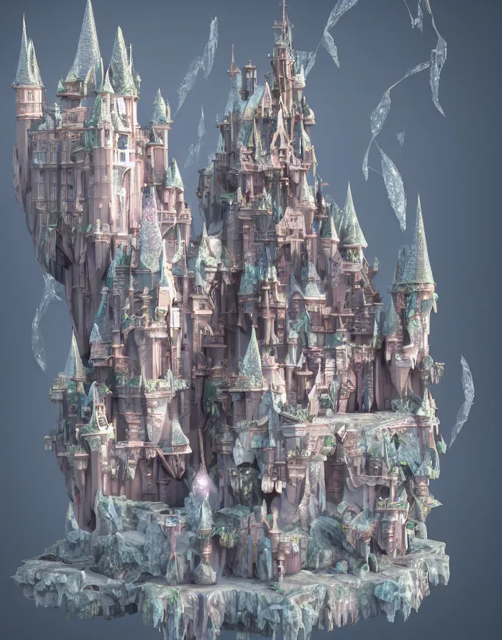 Image similar to crystal magical castle, 3d render, octane render, photorealistic highly detailed aesthetic