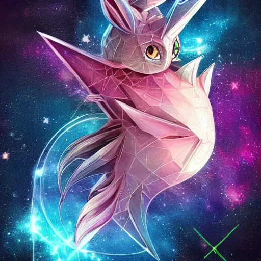 Image similar to geometric symmetrical vaporeon with galaxy eyes in space, nebula in the background, intricate, elegant, highly detailed, digital painting, artstation, concept art, smooth, sharp focus, illustration, art by artgerm