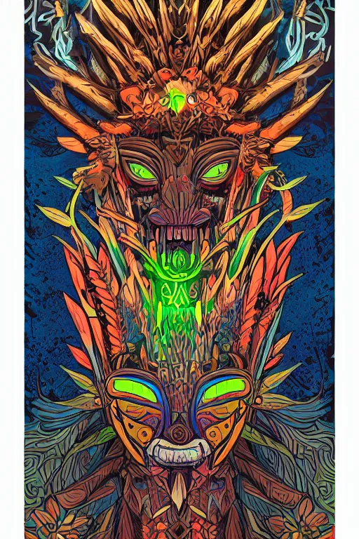 Image similar to animal mask totem roots flower tribal feather gemstone plant wood rock shaman vodoo video game vector cutout illustration vivid multicolor borderlands comics by josan gonzales and dan mumford radiating a glowing aura