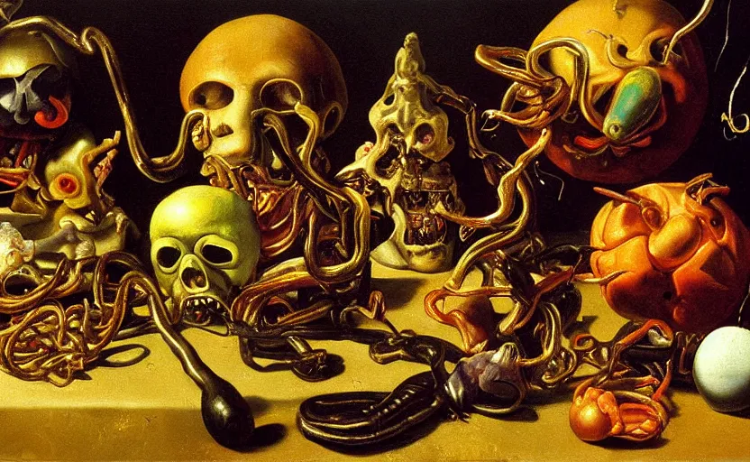 Prompt: disturbing colorful oil painting dutch golden age vanitas still life with bizarre objects strange gooey surfaces shiny metal bizarre insects tongue tendril teeth eyes rachel ruysch dali todd schorr very detailed perfect composition rule of thirds masterpiece canon 5 0 mm, cinematic lighting, photography, retro, film, kodachrome