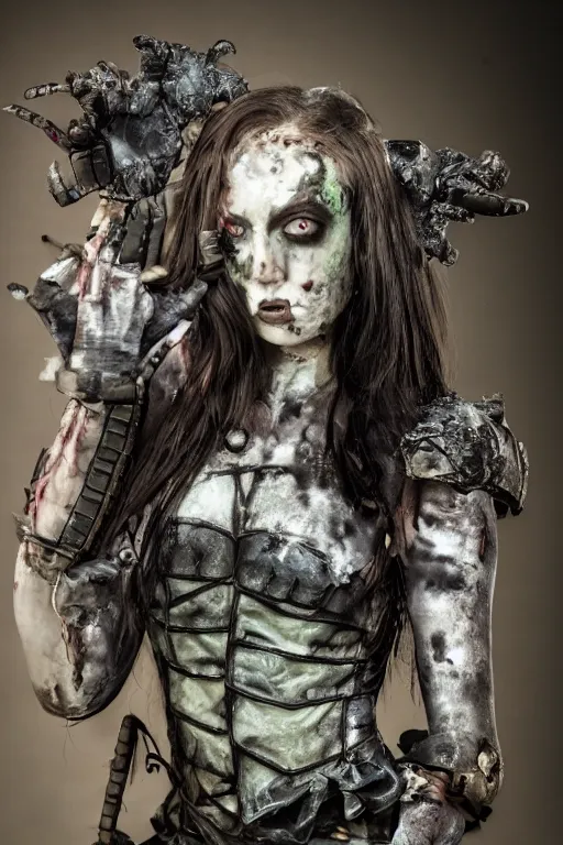 Prompt: photo of beautiful armored zombie by Lindsay Adler