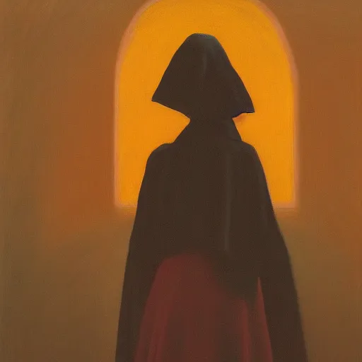 Image similar to sienna portrait of the redwinged angel of death wearing a crimson and sienna robe descending on the spirits in their graves jamie wyeth james gilleard edward hopper oil painting