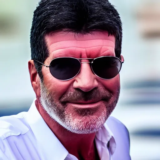 Image similar to extremely close up photograph of simon cowell, very wide fov, 4 k