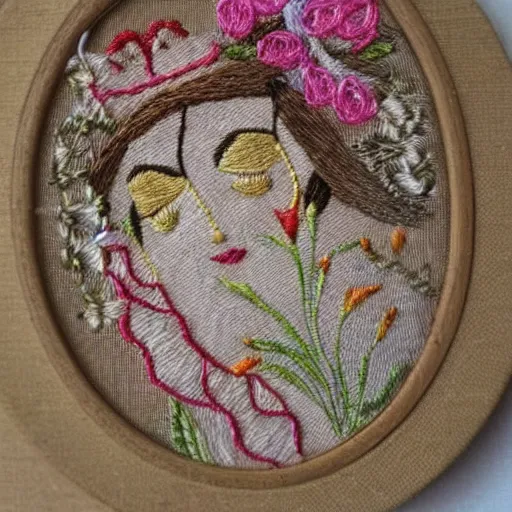 Image similar to a tiny beautiful handmade embroidery of a woman. hand embroidery.