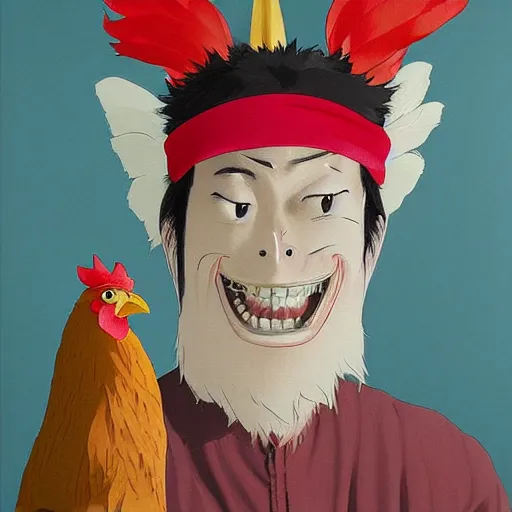 Image similar to scary portrait of an asian man dressed as a chicken, the chicken man, highly detailed painting by studio ghibli 8 k