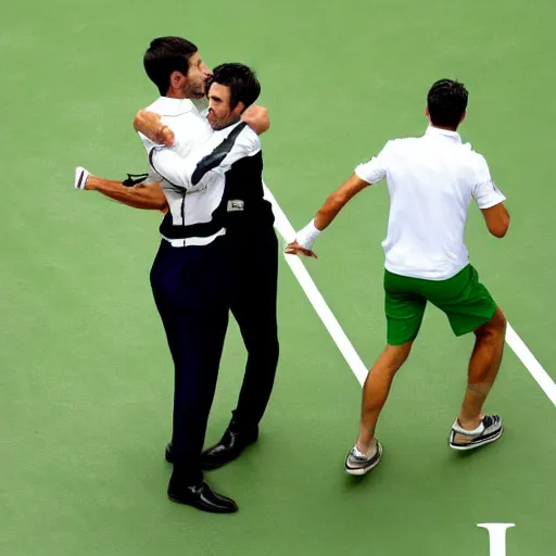 Prompt: a dapper victorian novak djokovic hugging a linesman