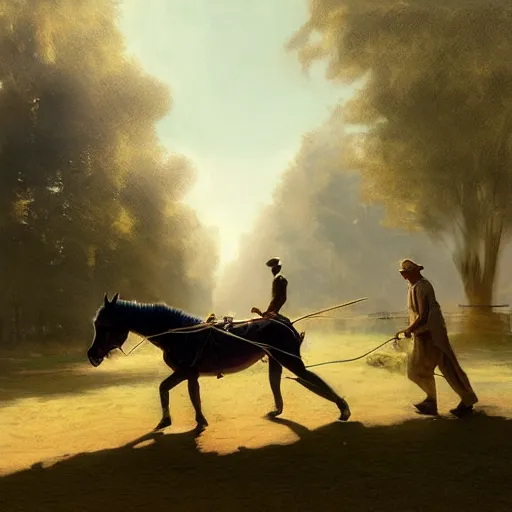 Prompt: a man pulling a cart with a horse on it, hyperrealism, no blur, 4 k resolution, ultra detailed, style of ron cobb, adolf hiremy - hirschl, syd mead, ismail inceoglu, rene margitte