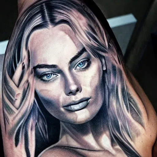 Prompt: face morph tattoo design sketch of margot robbie blended in beautiful mountain scenery, in the style of den yakovlev, amazing detail