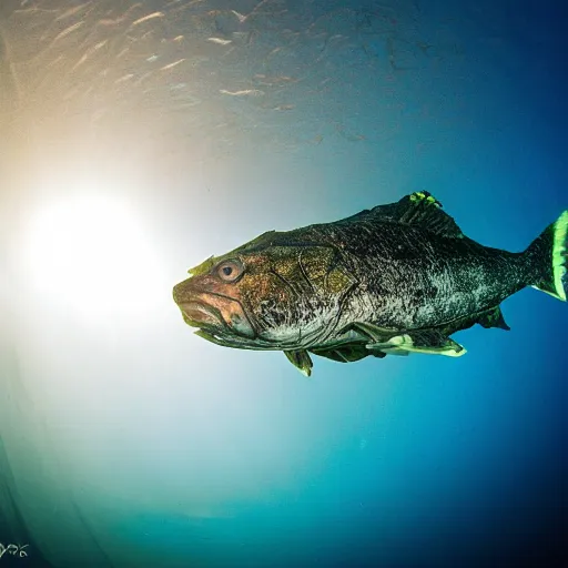 Image similar to incredibly detailed atlantic cod, wide angle shot, backlit, very realistic, underwater, beautiful photo, national geographical, underwater photography, gopro,