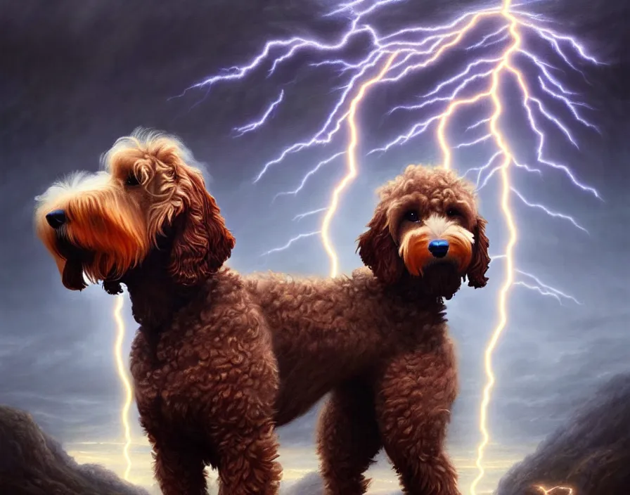 Image similar to an epic painting of a brown goldendoodle as zeus, shooting lightning bolts from his paws, by alex grey and greg rutkowski, intricate details, artstation, cinematic, hd, beautiful