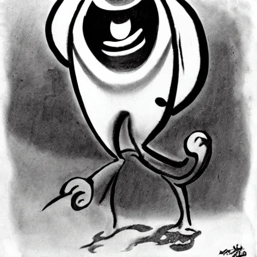 Prompt: inkwash translucent cartoon monster, koko the clown, fleischer cartoon, out of the inkwell, 1 9 3 0 s cartoon