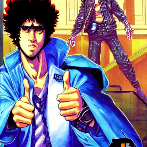 Image similar to a detailed beautiful cyberpunk painting of spike spiegel as a curly-haired persian guy giving a thumbs up by masamune shirow