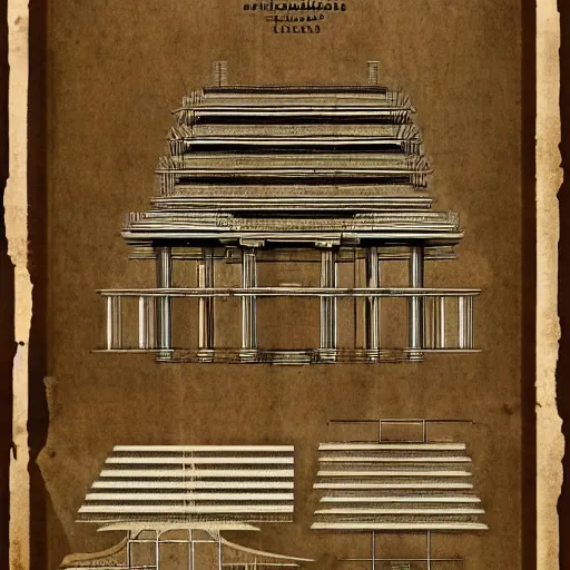 Image similar to detailed schematic for an ancient temple construction, faded parchment, aged, descriptions, highly detailed, 8 k,