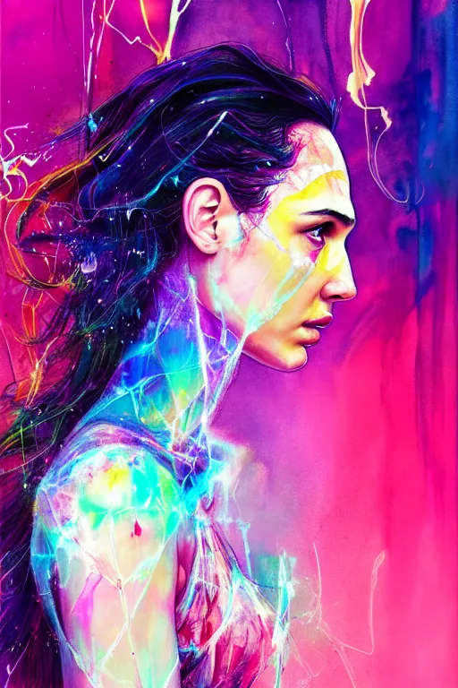 Image similar to gal gadot by agnes cecile enki bilal moebius, intricated details, 3 / 4 back view, full body portrait, extremely luminous bright design, pastel colours, drips, autumn lights