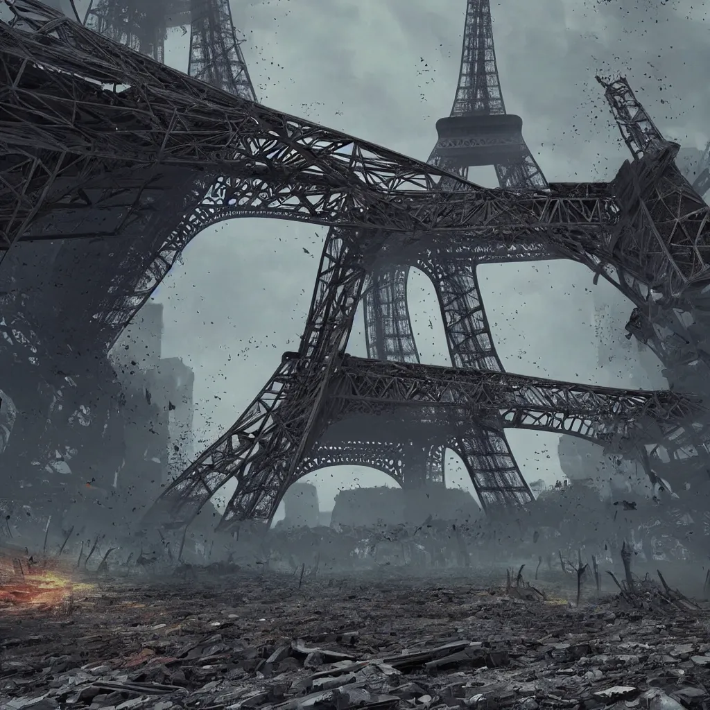 Image similar to A beautiful intricate 8K award-winning cinematic movie photograph of the future Eiffel Tower, destroyed and decaying, hidden by billboards. in the year 2043, by Bruno Delbonnel and greg rutkowski. Arri Alexa 65, IMAX 70mm footage