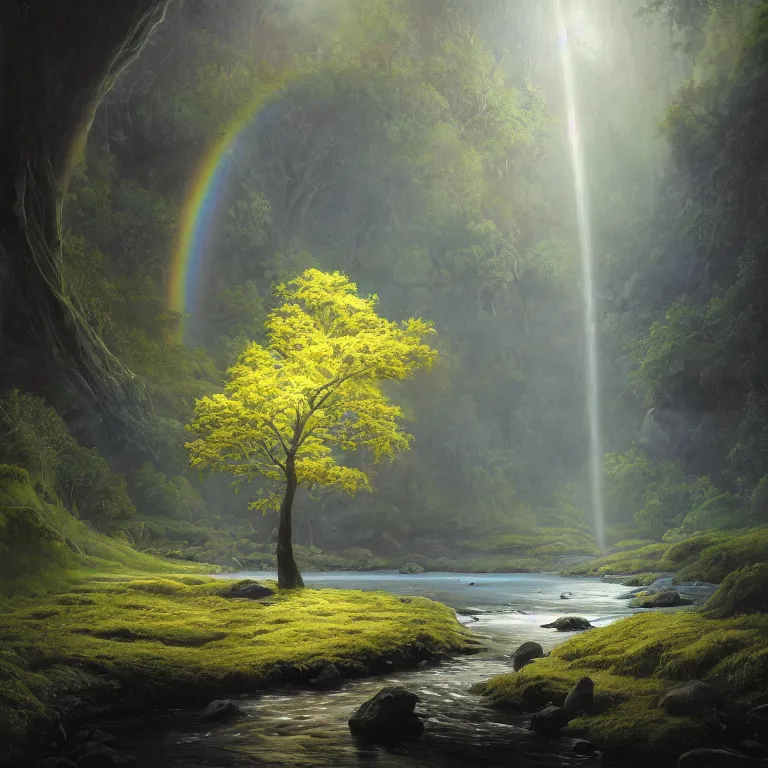 Image similar to A beautiful, highly detailed, very realistic oil painting of a single tree with rainbow leaves, next to a small river, glowing bright blue in the middle of a huge, very dark cave, with lots of dark grey rocks, oil painting by Greg Rutkowski.