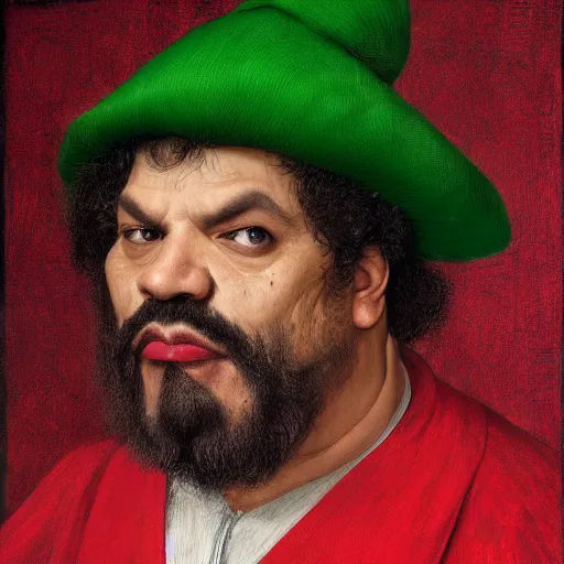 Prompt: hyper realistic, realistic - anime, portrait, beautifully rendered, italian garb, caricature, luis guzman as luigi wearing green, smirking deviously, luigi, luigi's nose, painted by jan van eyck, albrecht durer, gustave courbet, greg rutkowski, wlop, artgerm, dishonored 2,