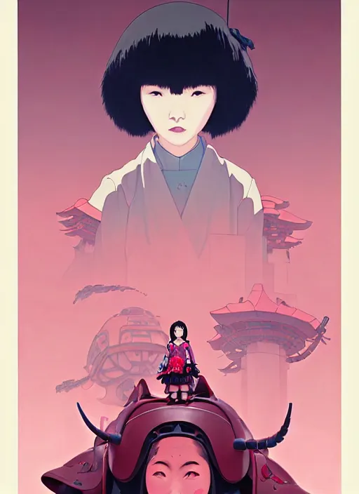 Image similar to Artwork by James Jean, Phil noto and hiyao Miyazaki; a young Japanese future samurai police girl named Yoshimi battles an enormous looming evil natured carnivorous pink robot on the streets of Tokyo; Japanese shops and neon signage; crowds of people running; Art work by studio ghibli, Phil noto and James Jean