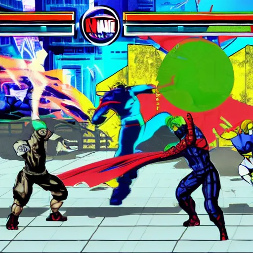 Prompt: Screenshot of Ninja Marvel Fighting game, asymmetrical, style of Street Fighter III 3rd strike, geometric shapes, hard edges, graffiti, street art,:2 by Capcom and Arc System Works:4